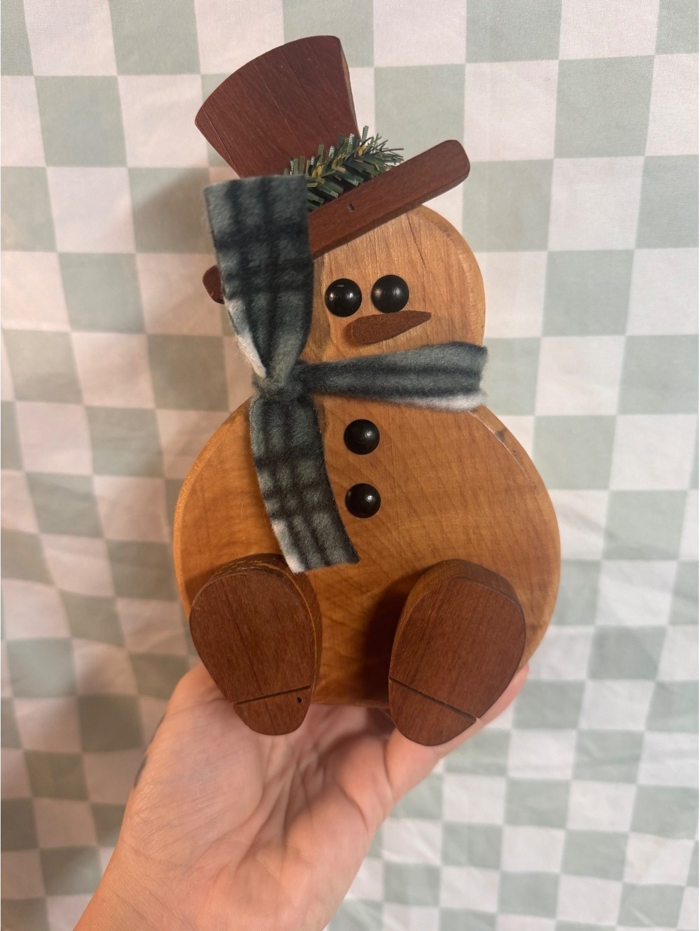 Wooden Snowman Figurine with Felt Scarf and Pine Decoration